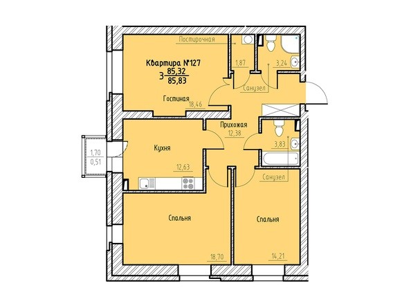 Планировка трехкомнатной квартиры 85,83 кв.м