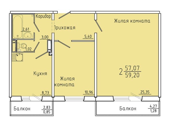 Планировка двухкомнатной квартиры 52,20 кв.м