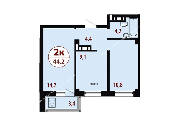 Секция 2. Планировка двухкомнатной квартиры 44,2 кв.м