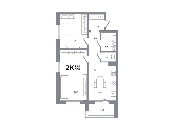 Планировка 2-комн 57,5, 57,8 м²