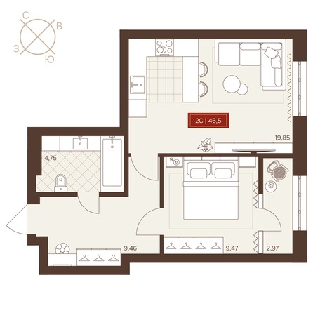 Планировка 2-комн 46,5, 46,7 м²