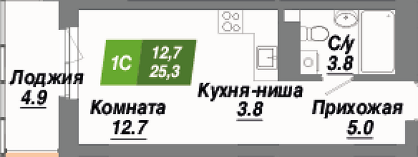 Планировка 1-комн 25,3, 25,4 м²