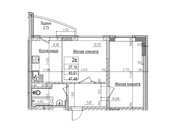 Планировка 1-комн 45,6 м²