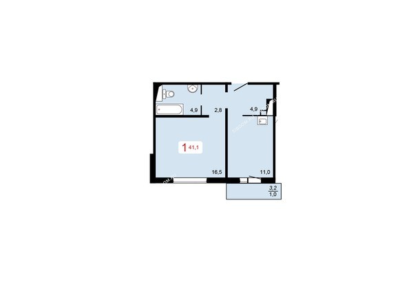 3 блок-секция. Планировка однокомнатной квартиры 41,1 кв.м