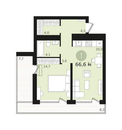 Планировка 1-комн 66,63 м²