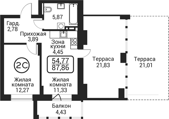 Планировка 2-комн 40,59, 40,6 м²