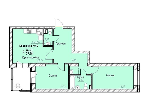 Планировка двухкомнатной квартиры 77,98 кв.м