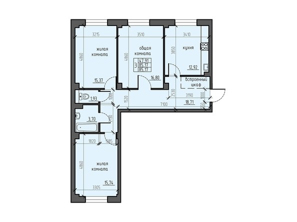 Планировка трехкомнатной квартиры 85,17 кв.м