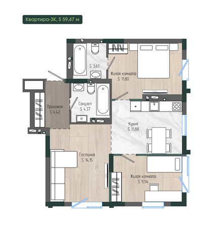 Планировка 3-комн 59,47 м²