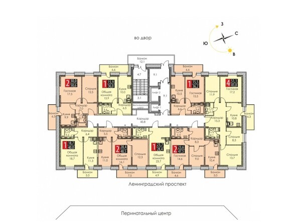 Блок-секция 2. Планировка 9-16 этажей