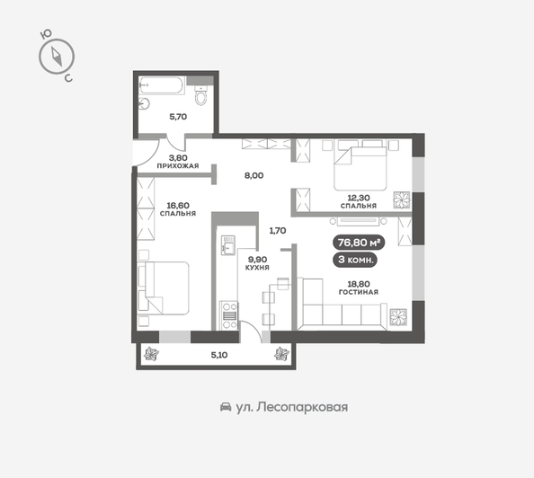 
   Продам 3-комнатную, 76.8 м², Белый квартал на Свободном, дом 3

. Фото 1.