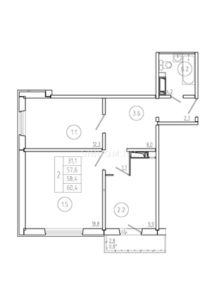 
   Продам 2-комнатную, 58.4 м², Три слона, дом 1

. Фото 1.