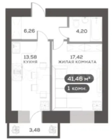 
   Продам 1-комнатную, 41.5 м², Сити-квартал на Взлетной, дом 1

. Фото 1.