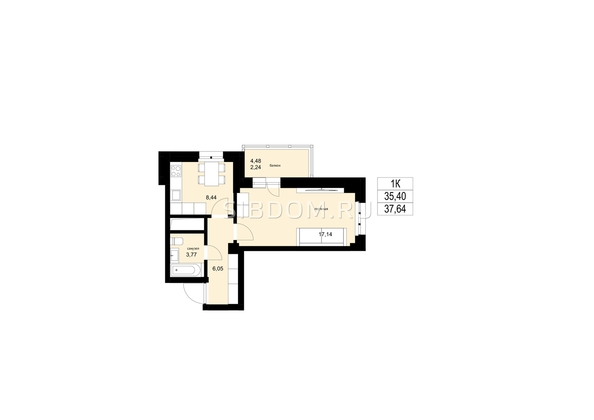 
   Продам 1-комнатную, 37.64 м², ЛЕТО, дом 1

. Фото 1.