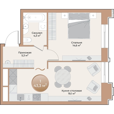 
  Продается 1-комн. квартира, 43.3 м², ЖК Небо над Енисеем, корпус 1
. Фото 2.