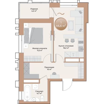 
  Продается 1-комн. квартира, 44.5 м², ЖК Небо над Енисеем, корпус 2
. Фото 1.