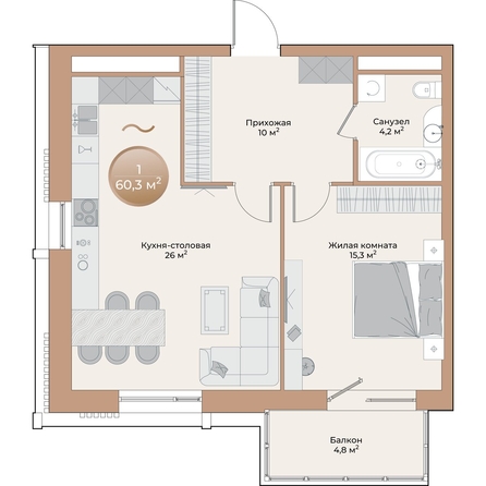 
  Продается 1-комн. квартира, 56.9 м², ЖК Небо над Енисеем
. Фото 1.