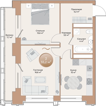 
  Продается 2-комн. квартира, 55.2 м², ЖК Небо над Енисеем
. Фото 2.