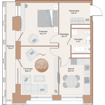 
  Продается 2-комн. квартира, 57.2 м², ЖК Небо над Енисеем
. Фото 2.