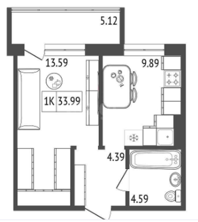 
  Продается 1-комн. квартира, 33.99 м², ЖК Аринский, дом 2 корпус 2
. Фото 1.