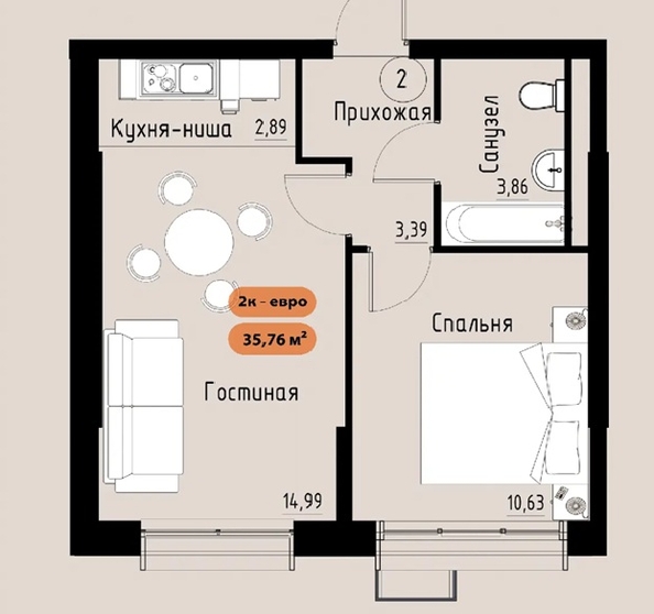 
  Продается 2-комн. квартира, 44.92 м², ЖК Премьер парк
. Фото 1.