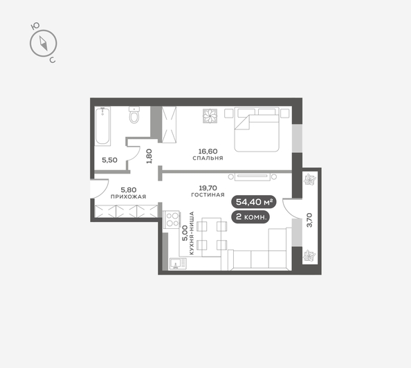 
  Продается 2-комн. квартира 54.6 м², в ЖК Белый квартал на Свободном, дом 3. Фото 12.