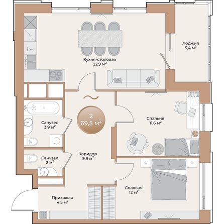 
  Продается 2-комн. квартира 69.5 м², в ЖК Небо над Енисеем. Фото 2.