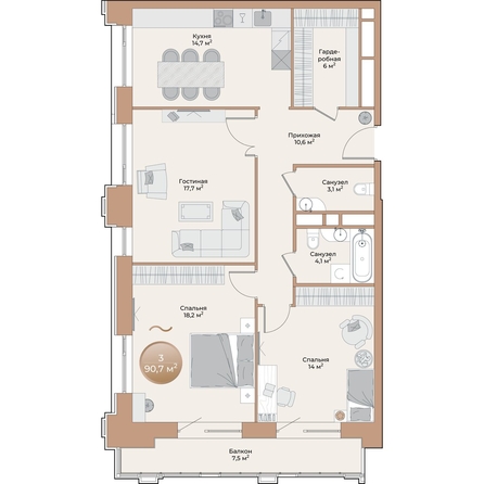 
  Продается 3-комн. квартира 90.7 м², в ЖК Небо над Енисеем. Фото 2.