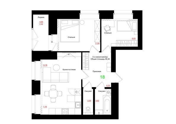 
  Продается 3-комн. квартира 58.46 м², в ЖК Соцветие, дом 5.4. Фото 1.