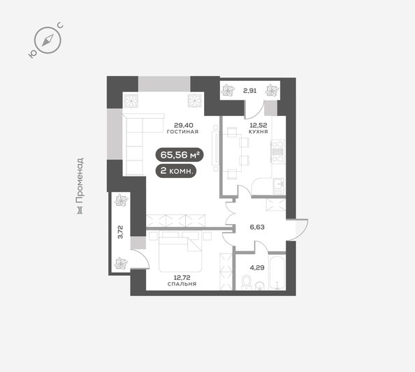 
  Продается 2-комн. квартира 65.56 м², в ЖК ОКТА, дом 2. Фото 6.