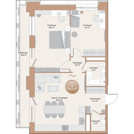 
  Продается 2-комн. квартира 74.5 м², в ЖК Небо над Енисеем. Фото 2.