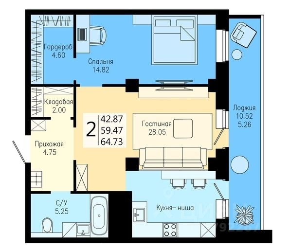 
  Продается 2-комн. квартира 64.73 м², в ЖК На Дудинской, дом 5. Фото 4.
