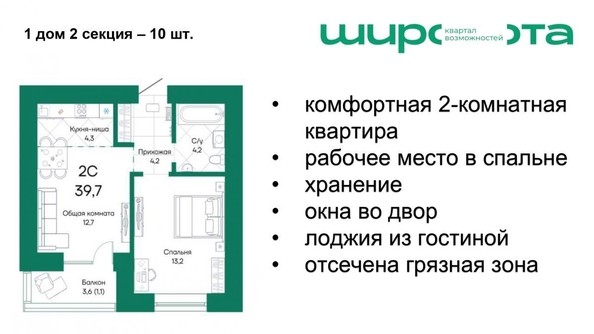 
   Продам 2-комнатную, 39.7 м², Широта, корпус 1

. Фото 2.