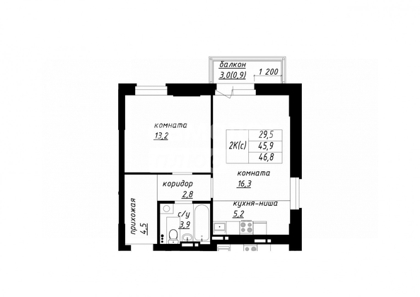 
   Продам 2-комнатную, 46.8 м², Чайка

. Фото 22.