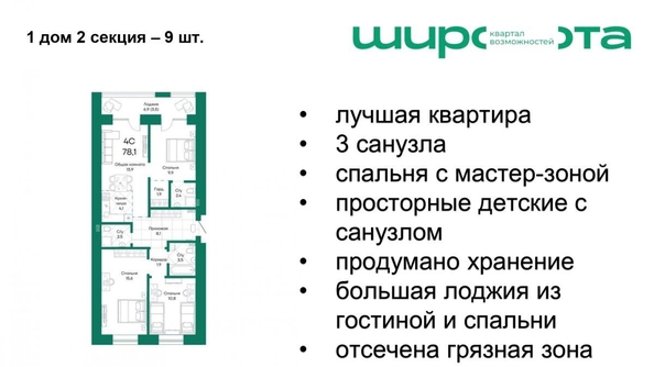 
   Продам 4-комнатную, 78.1 м², Широта, корпус 1

. Фото 3.