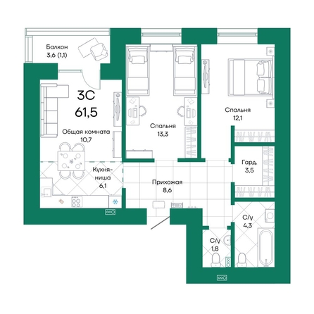 
  Продается 3-комн. квартира, 61.5 м², ЖК Широта, корпус 1
. Фото 1.