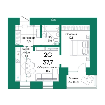 
  Продается 2-комн. квартира, 37.7 м², ЖК Широта, корпус 2
. Фото 1.