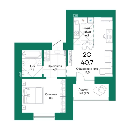 
  Продается 2-комн. квартира, 40.7 м², ЖК Широта, корпус 1
. Фото 1.