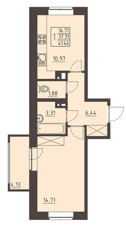 
   Продам 1-комнатную, 41.8 м², Очаг, блок-секция 7

. Фото 1.