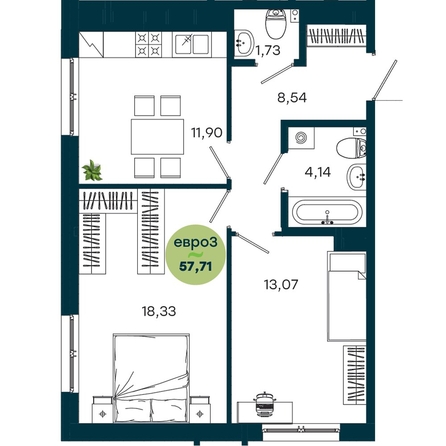 
  Продается 2-комн. квартира 57.71 м², в  ЖиВой комплекс на Кузьмихе. Фото 2.