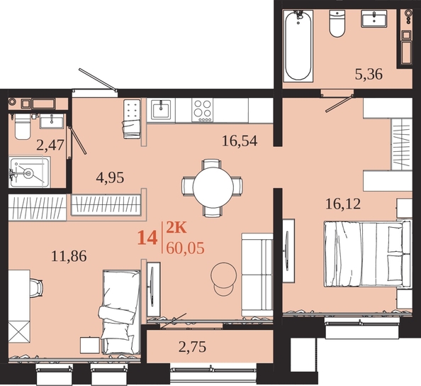 
  Продается 2-комн. квартира 60.05 м², в ЖК 1661. Фото 1.