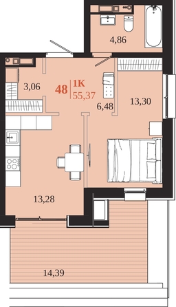 
  Продается 1-комн. квартира 55.37 м², в ЖК 1661. Фото 1.