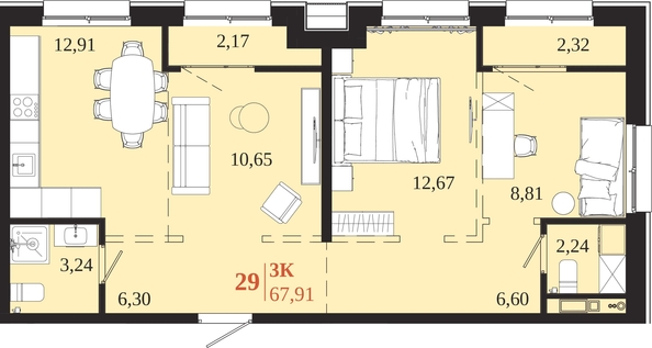 
  Продается 3-комн. квартира 67.91 м², в ЖК 1661. Фото 1.