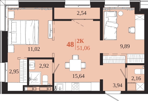 
  Продается 2-комн. квартира 51.06 м², в ЖК 1661. Фото 1.