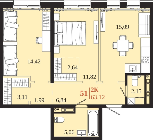 
  Продается 2-комн. квартира 63.12 м², в ЖК 1661. Фото 1.