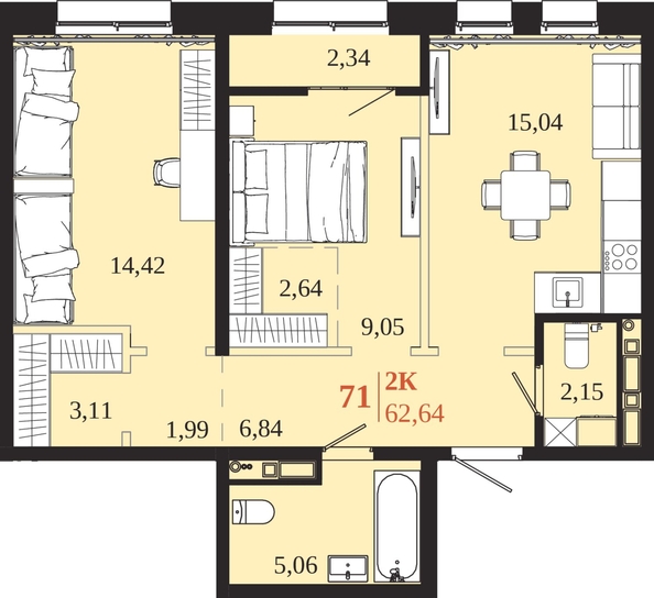 
  Продается 2-комн. квартира 62.64 м², в ЖК 1661. Фото 1.