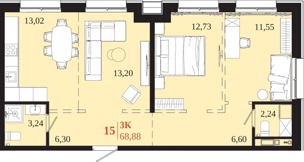 
  Продается 3-комн. квартира 68.88 м², в ЖК 1661. Фото 1.