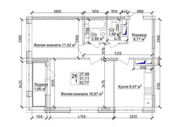 
   Продам 2-комнатную, 54.2 м², 7 высот, дом 6а

. Фото 4.