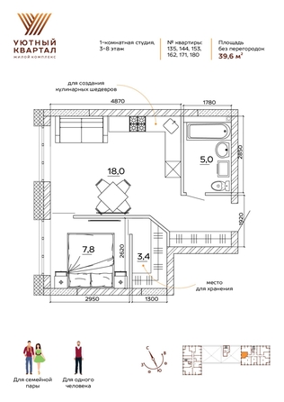
  Продается 2-комн. квартира, 39.6 м², ЖК Уютный квартал, дом 1
. Фото 1.