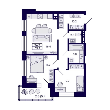 
  Продается 2-комн. квартира, 55.9 м², ЖК Сподвижники
. Фото 2.